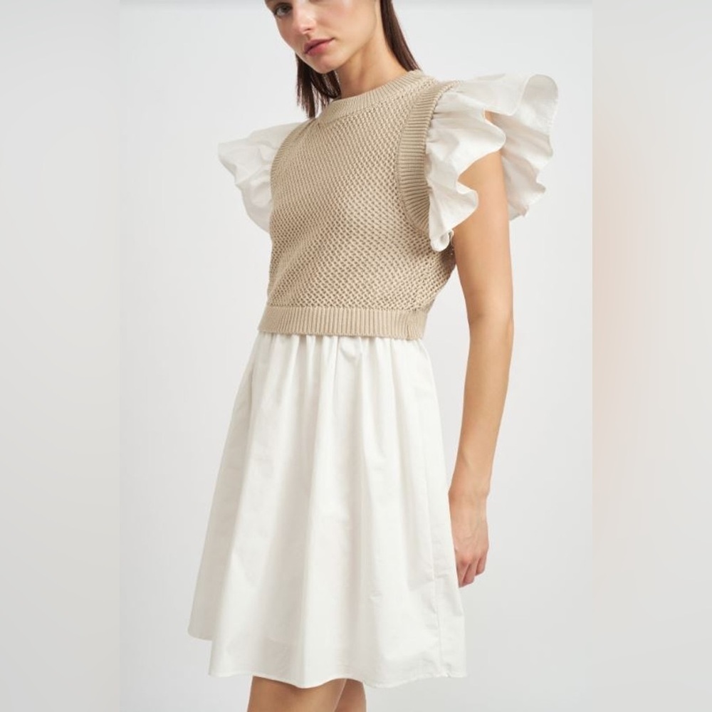 En Saison Freya Mixed Media Ruffle Sleeve Overlay Mini Dress Light Taupe Small - Picture 6 of 7